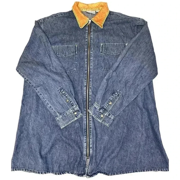 Vintage 90s Santa Fe Blues Retro Boho Denim Zip Up Shirt with Velvet Collar, M - Picture 3 of 7